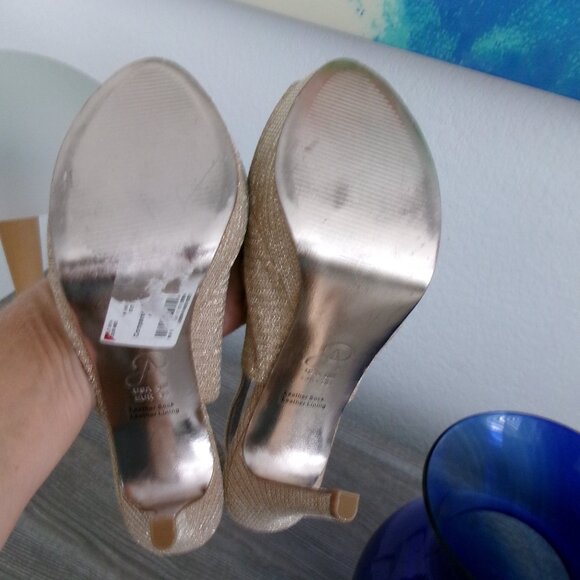 Adrianna Papell Shimmery Sparkly Gold Stiletto Heels Shoes Slingback Peep Toe 8 - Picture 14 of 16